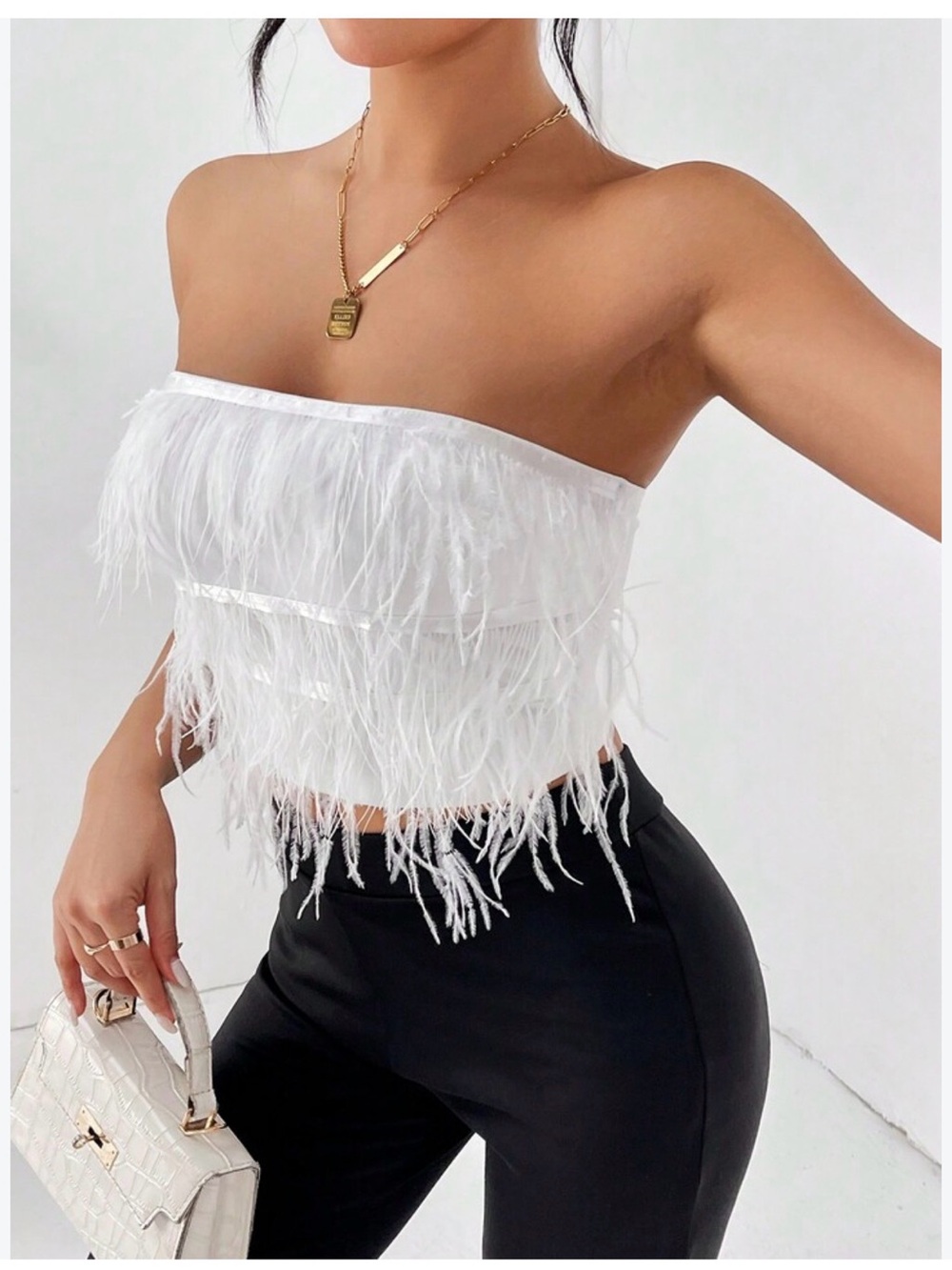 Feather-Trim Strapless Crop Top in White